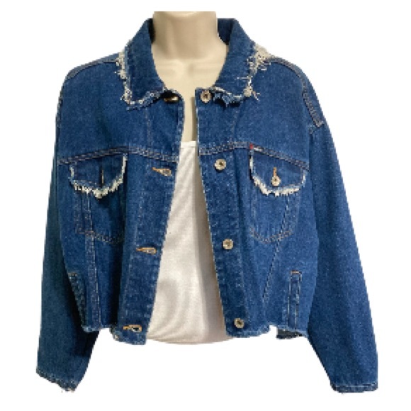 On Fire Jackets & Blazers - ON FIRE Street Wear Distressed Frayed Blue Denim Button Down Jacket Womens Large